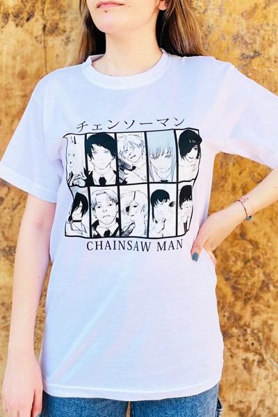 Anime Chainsaw Man Kolaj Unisex Beyaz Tişört Anime Chainsaw Man Kolaj Unisex Beyaz Tişört