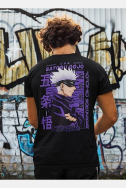 Anime Gojo Satoru Ön Arka Baskılı Siyah T-shirt Anime Gojo Satoru Ön Arka Baskılı Siyah T-shirt
