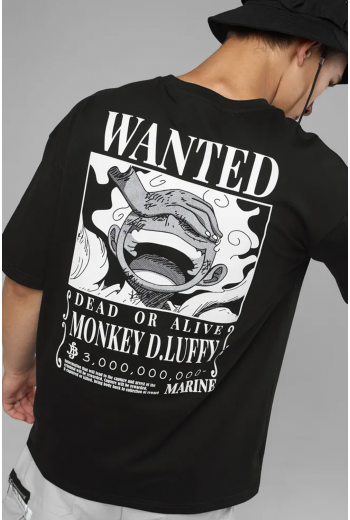 Anime One Piece Luffy Wanted Ön Arka Baskılı T-shirt