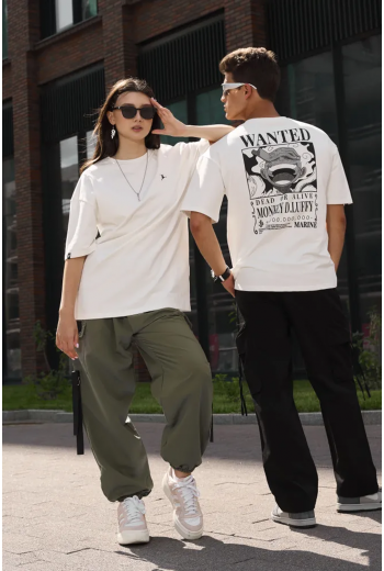 Anime One Piece Luffy Wanted Ön Arka Baskılı T-shirt