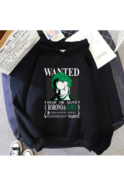 Anime One Piece Zoro Wanted Kapşonlu Sweatshirt