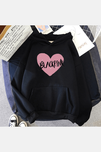 Black Pink Kalp Kapşonlu Sweatshirt