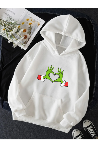 Grinch Happy New Year Kalp Kapşonlu Sweatshirt