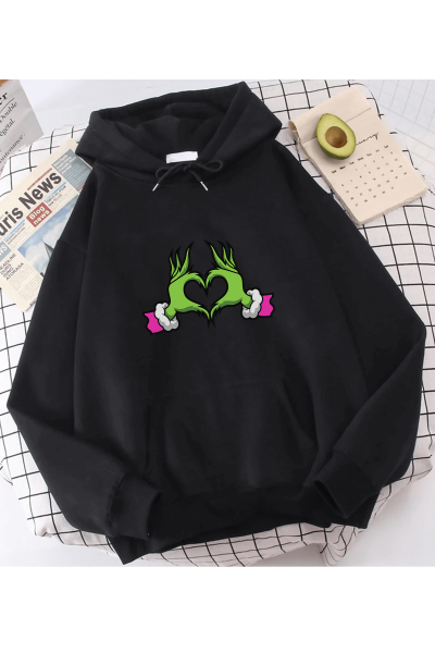 Grinch Happy New Year Pembe Kalp Kapşonlu Sweatshirt