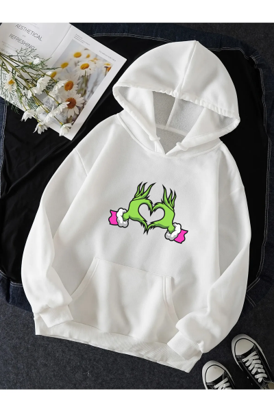 Grinch Happy New Year Pembe Kalp Kapşonlu Sweatshirt