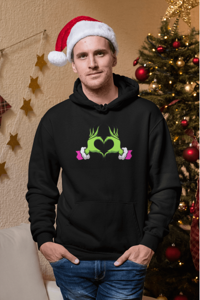 Grinch Happy New Year Pembe Kalp Kapşonlu Sweatshirt