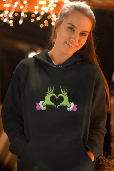 Grinch Happy New Year Pembe Kalp Kapşonlu Sweatshirt