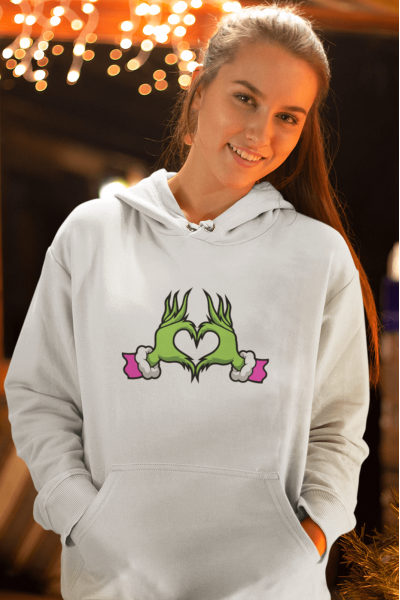 Grinch Happy New Year Pembe Kalp Kapşonlu Sweatshirt