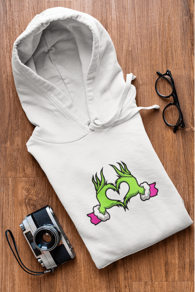 Grinch Happy New Year Pembe Kalp Kapşonlu Sweatshirt