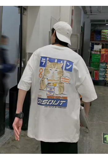 Harajuku Kedi Ön Arka Baskılı T-shirt