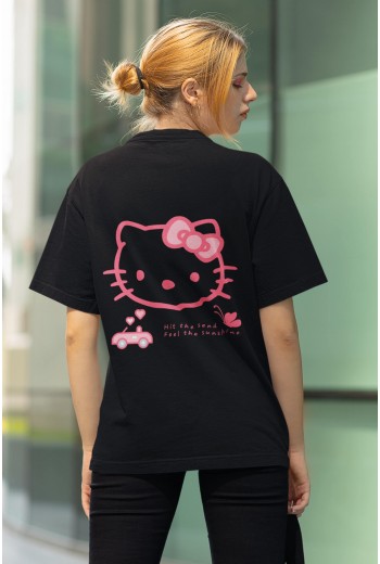 Hello Kitty - Ön Arka Baskılı Siyah Tişört