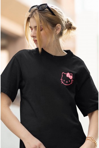 Hello Kitty - Ön Arka Baskılı Siyah Tişört