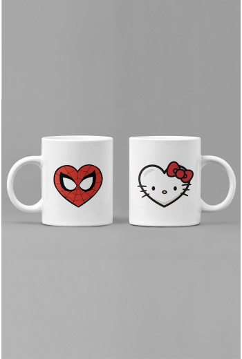 Hello Kitty ve Spiderman Kalp Sevgili/Çift/Arkadaş 2'li Kupa Bardak Seti