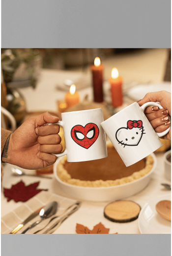 Hello Kitty ve Spiderman Kalp Sevgili/Çift/Arkadaş 2'li Kupa Bardak Seti