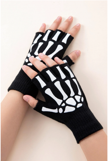 İskelet Eldiven Siyah İskelet Desenli Kesik Parmak Eldiven İskelet Eldiven Siyah İskelet Desenli Kesik Parmak Eldiven