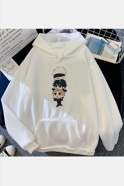 Jujutsu Kaisen Chibi Beyaz Kapşonlu Sweatshirt