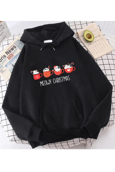 Kedi Tasarımlı Meow Christmas Yeni Yıl Kapşonlu Sweatshirt