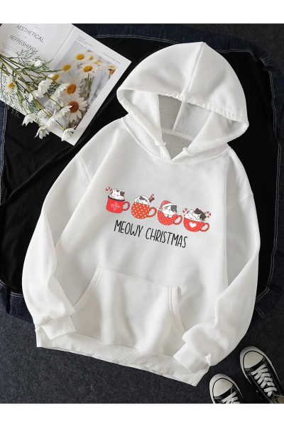 Kedi Tasarımlı Meow Christmas Yeni Yıl Kapşonlu Sweatshirt