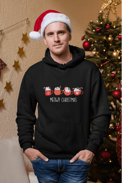 Kedi Tasarımlı Meow Christmas Yeni Yıl Kapşonlu Sweatshirt