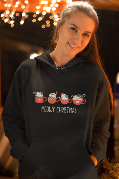 Kedi Tasarımlı Meow Christmas Yeni Yıl Kapşonlu Sweatshirt