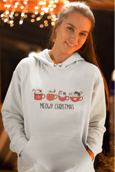 Kedi Tasarımlı Meow Christmas Yeni Yıl Kapşonlu Sweatshirt