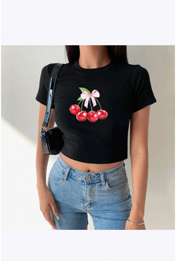 Kiraz Desenli Crop Tişört