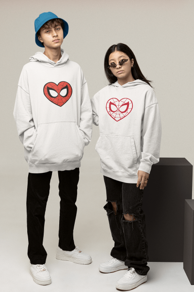 Kırmızı Kalp Spider Sevgili/çift/arkadaşlık/2'li Kapşonlu Sweatshirt Seti