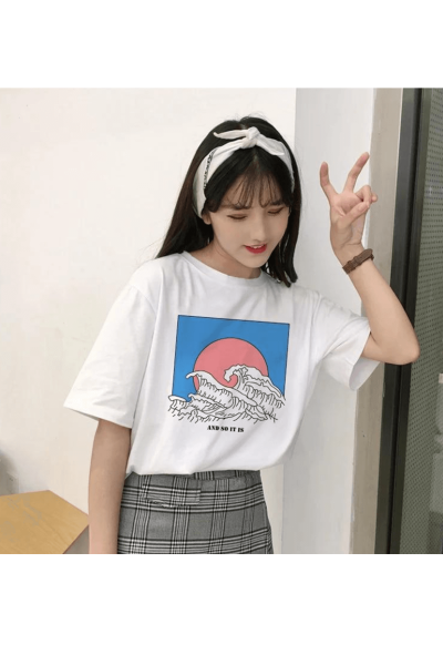 Kore Tarzı Dalga Beyaz T-shirt