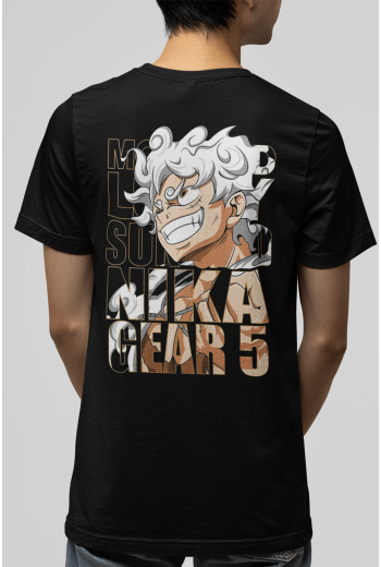 Luffy Gear 5 Nika Ön - Arka Baskılı Siyah Tişört Luffy Gear 5 Nika Ön - Arka Baskılı Siyah Tişört