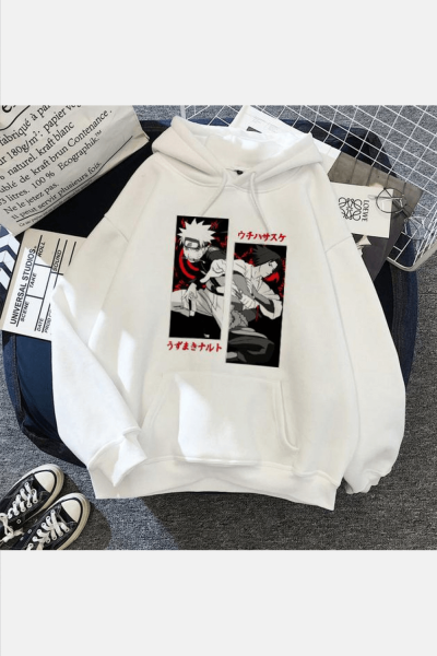 Naruto And Sasuke Beyaz Kapşonlu Sweatshirt