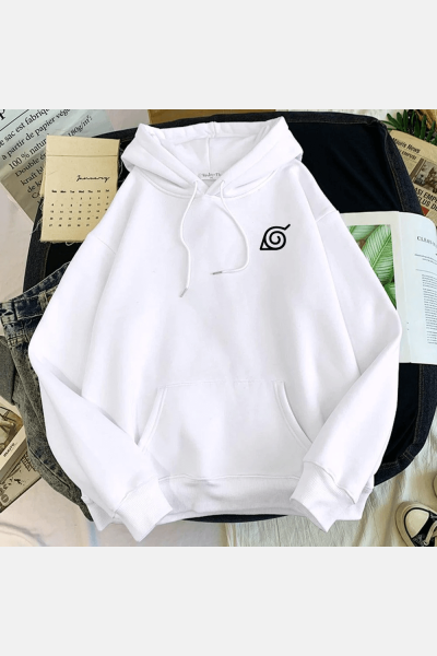 Naruto Konoha Simgeli Beyaz Kapşonlu Sweatshirt