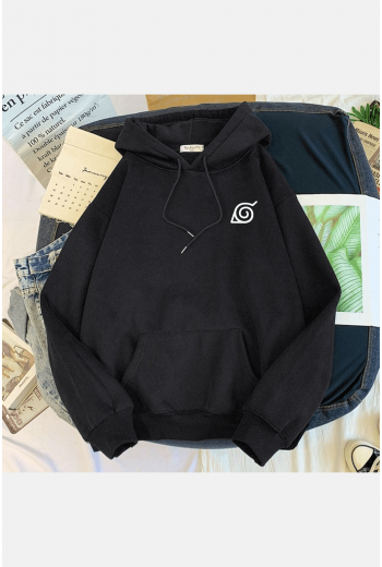 Naruto Konoha Simgeli Siyah Kapşonlu Sweatshirt