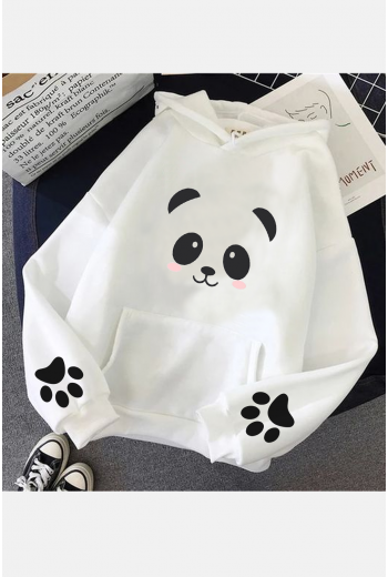 Sevimli Panda Kol Detaylı Beyaz Kapşonlu Sweatshirt