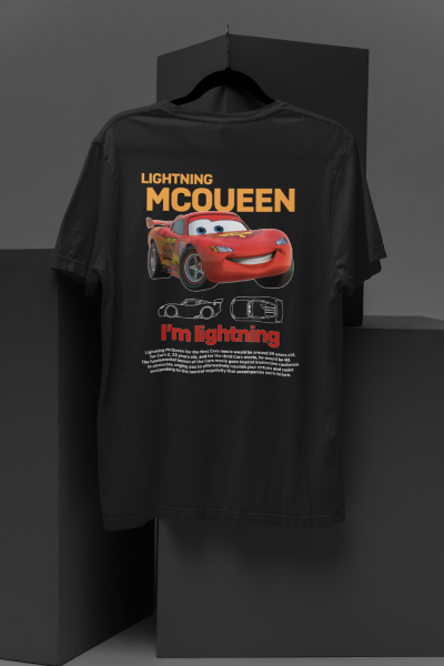 Şimşek McQueen Cars Ön Arka Baskılı Unisex Siyah T-shirt
