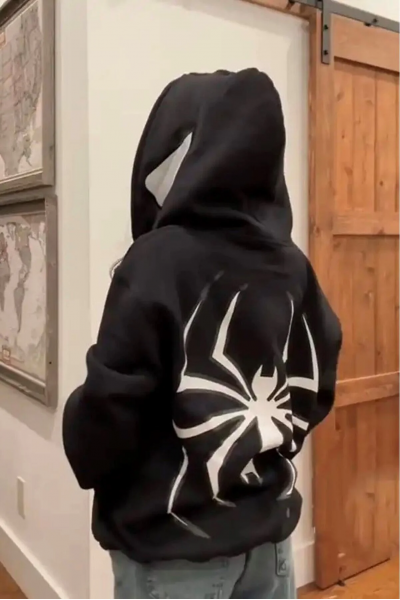 Spiderman Sırt Baskılı Şapkası Örümcek Göz Detaylı Kapuşonlu Sweatshirt Hoodie