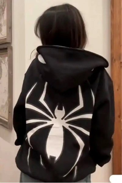 Spiderman Sırt Baskılı Şapkası Örümcek Göz Detaylı Kapuşonlu Sweatshirt Hoodie