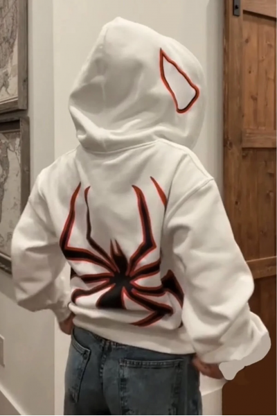 Spiderman Sırt Baskılı Şapkası Örümcek Göz Detaylı Kapuşonlu Sweatshirt Hoodie