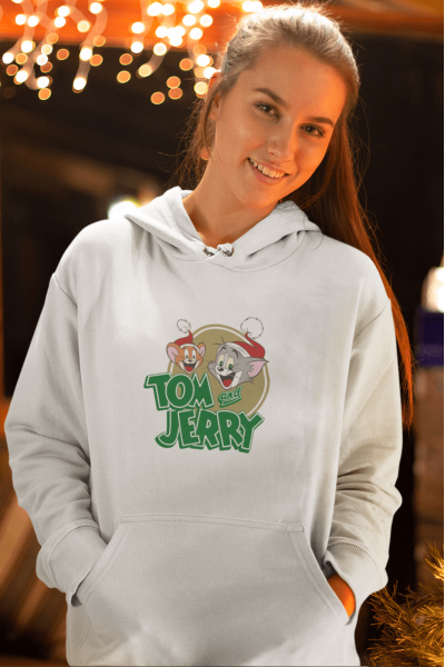 Tom ve Jerry Logolu Yeni Yıl Kapşonlu Sweatshirt