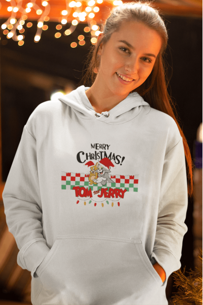 Tom ve Jerry Merry Christmas Yılbaşı Kapşonlu Sweatshirt