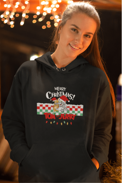 Tom ve Jerry Merry Christmas Yılbaşı Kapşonlu Sweatshirt