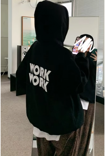 Work Work Arka Baskılı Kapüşonlu Siyah Sweatshirt
