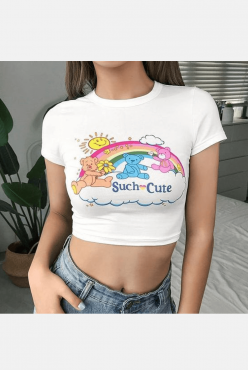 Y2K Ayıcıklı Kawaii Beyaz Crop Bluz Y2K Ayıcıklı Kawaii Beyaz Crop Bluz