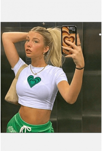 Yeşil Kalp Tasarım Kawaii Tarz Beyaz Crop Top